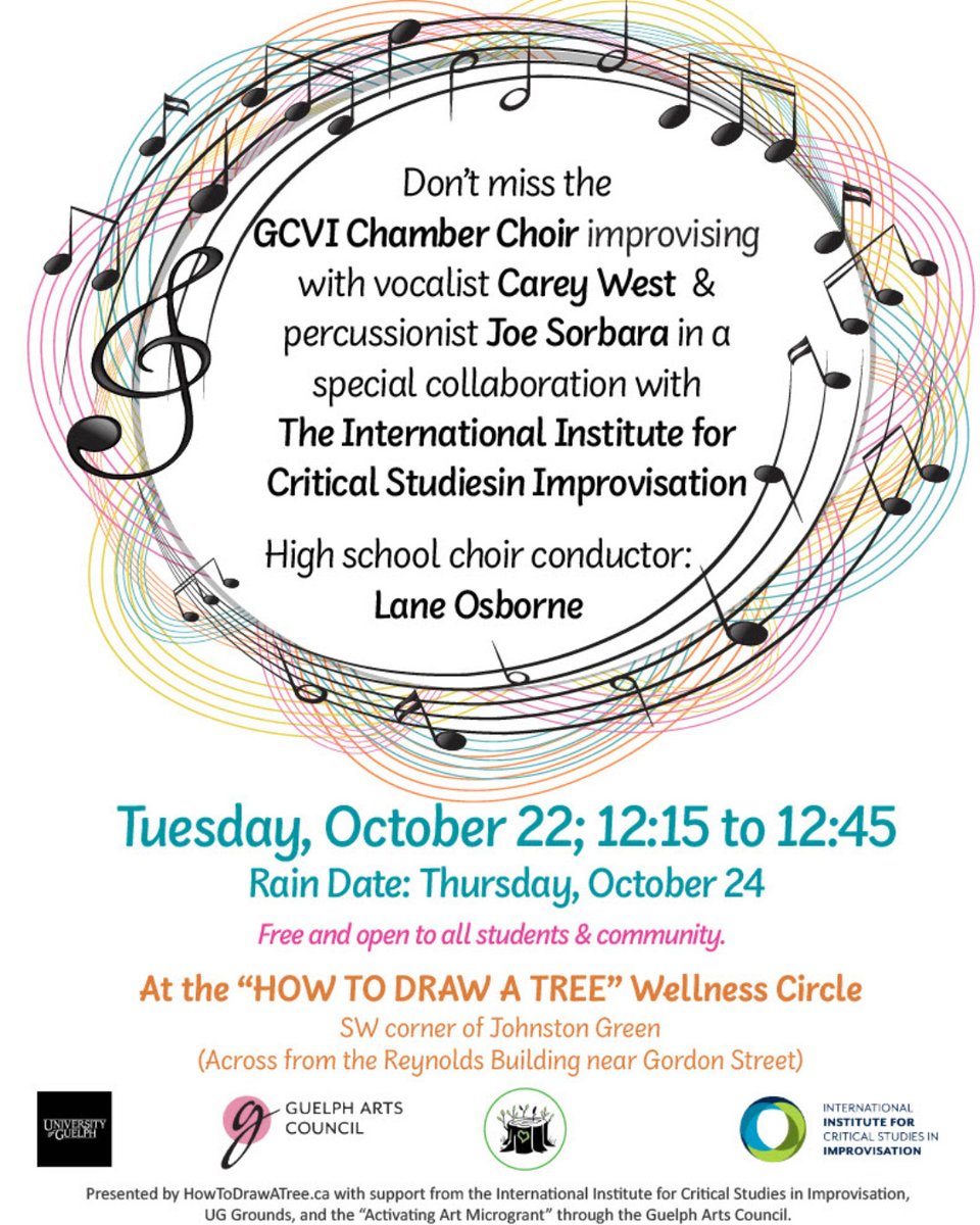 🌳 🎶"Singing in the Circle" 🌳 🎶 

📅 Tuesday, October 22 | 12:15 PM(ET)

📍 “How To Draw A Tree” Wellness Circle, Johnson Green, University of Guelph Campus.

More info here: bit.ly/4dMpARX

#Improvisation #Music #Wellness #Singing