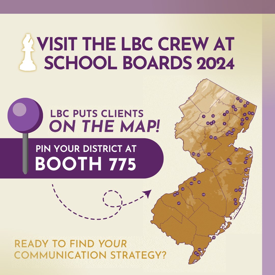 LBishopComm's tweet image. LBC is heading to the @njsba Workshop, and we hope to see you there! Booth 775 (on the cafe perimeter) is your stop if you have questions about school communication. Current clients: Please be sure to say hello and mark your spot on our giant LBC map!