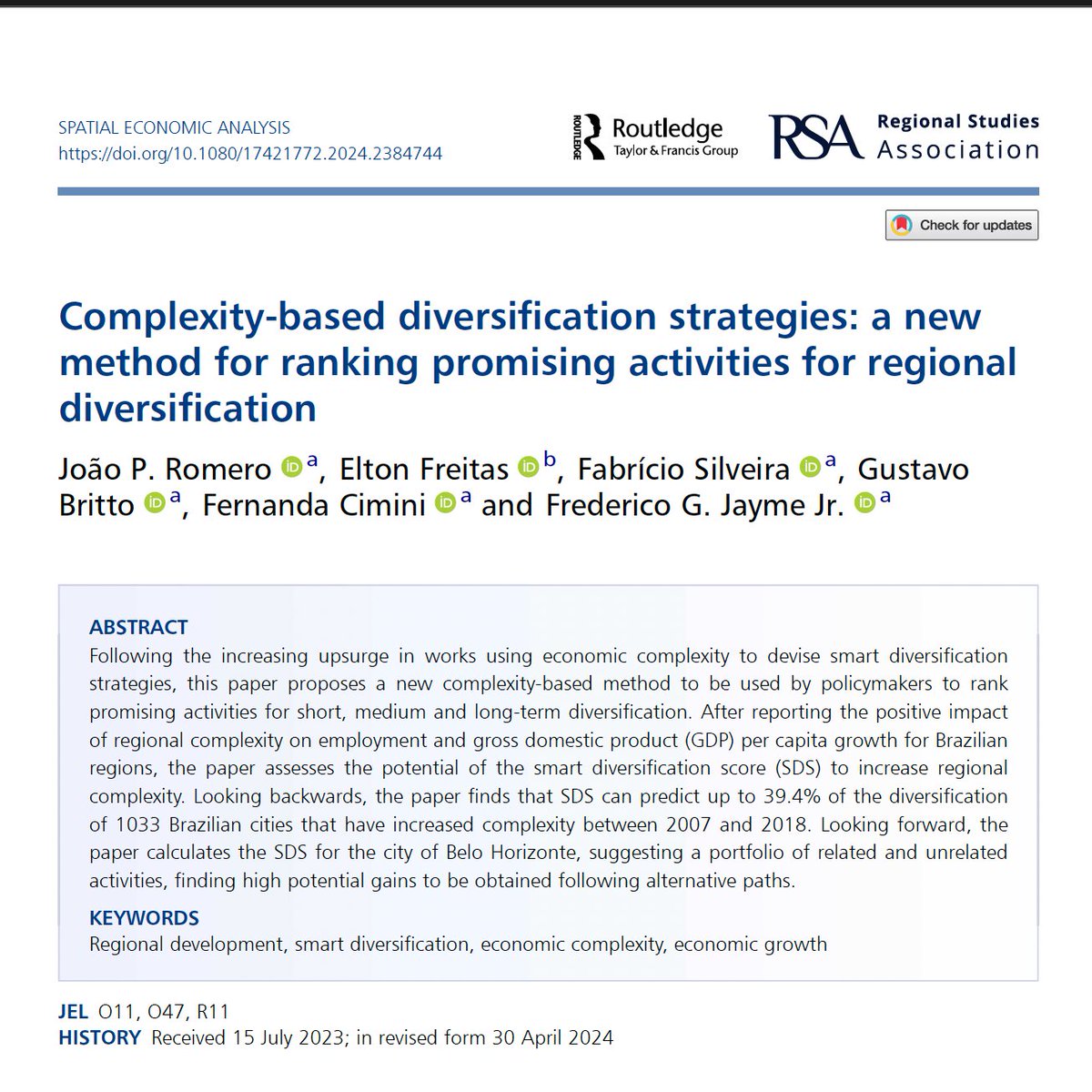 João Prates Romero (@joao_p_romero) on Twitter photo 1/7 🚨New Paper🚨
What are the best choices of sectors for the diversification of each region?
I, <a href="/eltonfreitas7/">Elton Freitas</a>, Fabricio Silveira, <a href="/GusBritto/">Gustavo Britto</a>, Fernanda Cimini and <a href="/jayme_frederico/">Frederico Jayme Jr</a> tried to contribute to answer this question in our paper at <a href="/spatialeconomic/">Spatial Economic Analysis</a>.
See the thread. 1/7 🚨New Paper🚨
What are the best choices of sectors for the diversification of each region?
I, <a href="/eltonfreitas7/">Elton Freitas</a>, Fabricio Silveira, <a href="/GusBritto/">Gustavo Britto</a>, Fernanda Cimini and <a href="/jayme_frederico/">Frederico Jayme Jr</a> tried to contribute to answer this question in our paper at <a href="/spatialeconomic/">Spatial Economic Analysis</a>.
See the thread.