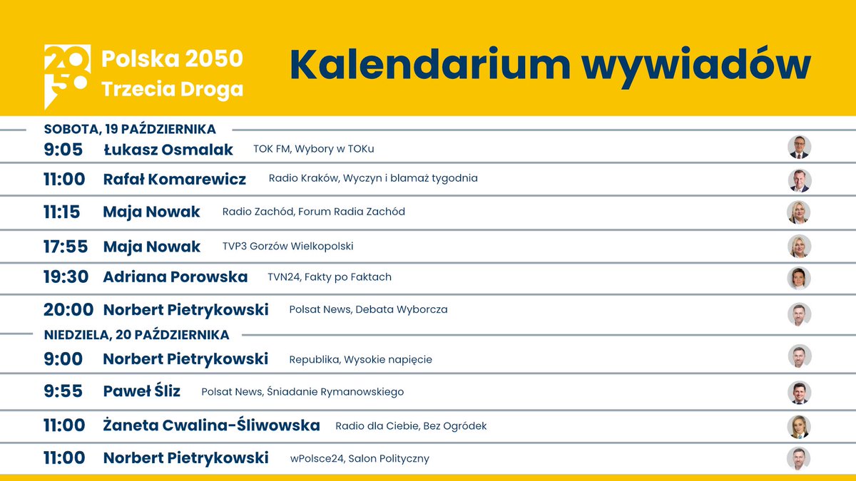 Weekend w mediach:
Sobota (19.10)
09:05 - <a href="/Radio_TOK_FM/">Radio TOK FM</a> - <a href="/LukaszOsmalak/">Łukasz Osmalak</a> 
11:00 - <a href="/RadioKrakow/">Radio Kraków</a> - <a href="/RKomarewicz/">Rafał Komarewicz</a>
11:15 - <a href="/radiozachod/">Radio Zachód</a> - <a href="/nmaja/">Maja Nowak</a> 
17:55 - <a href="/TVP3gorzow/">TVP3 Gorzów Wlkp.</a> - <a href="/nmaja/">Maja Nowak</a> 
19:30 - <a href="/tvn24/">tvn24</a> <a href="/faktypofaktach/">Fakty po Faktach</a> - <a href="/PorowskaAdriana/">Adriana Porowska</a> 
20:00 - <a href="/PolsatNewsPL/">PolsatNews.pl</a> - <a href="/NPietrykowski50/">Norbert Pietrykowski</a> 

Niedziela