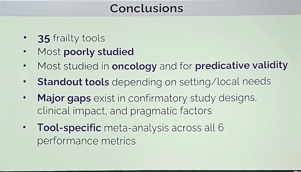 Frailty tools, useful in surgical evaluation. Clinical frailty scale and Edmonton frailty scales are well studied across multiple domains. Pragmatic and clinical impact of tools still needs to be better studied. <a href="/SIOGorg/">SIOG</a> #SIOG2024 well presented Tyler Chesney