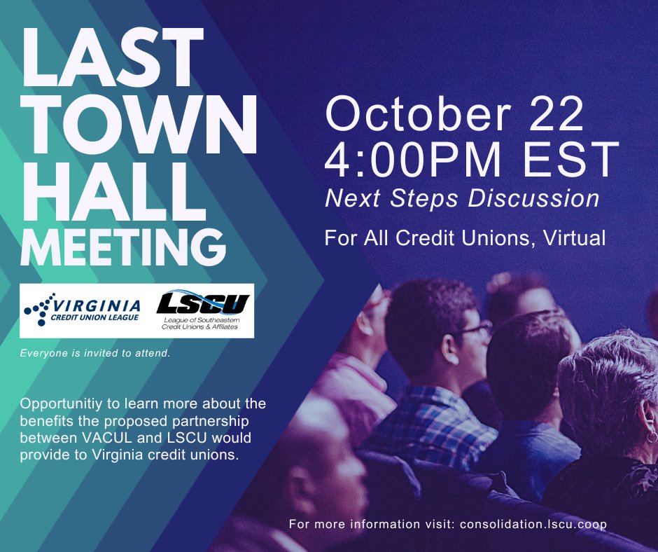VACreditUnions's tweet photo. ๐ข Reminder: Last Town Hall Meeting! This is your chance to learn about the exciting benefits of the proposed partnership between VACUL and LSCU for Virginia credit unions. Letโs come together to discuss the next steps in our partnership!
#CreditUnions #VACUL #LSCU #Partnerships https://t.co/b2YPDqz9rx