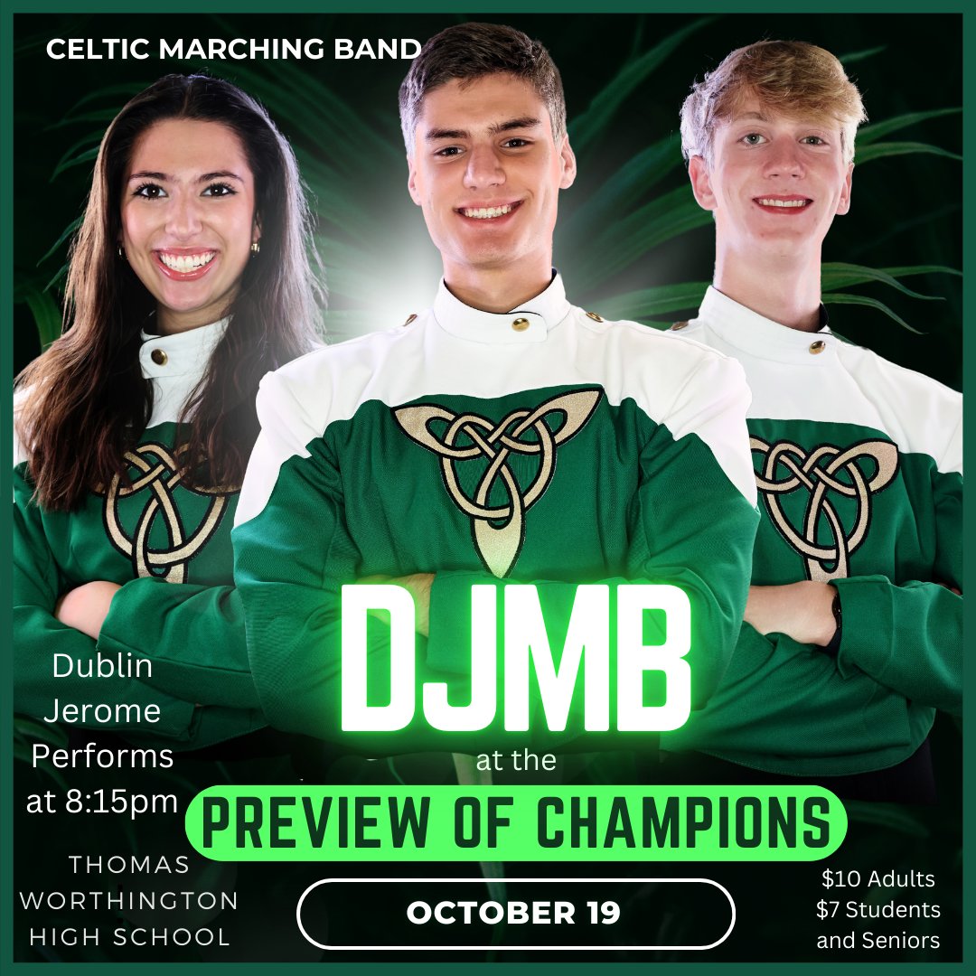 exit57studio's tweet photo. Support the Celtic Marching Band this Saturday, October 19th at the Thomas Worthington High School Preview of Champions. The DJMB Performance is at 8:15 pm.  Only $10!
#exit57studio
#dublinjeromemarchingband
#dublinjeromehs https://t.co/3BS88ISblQ
