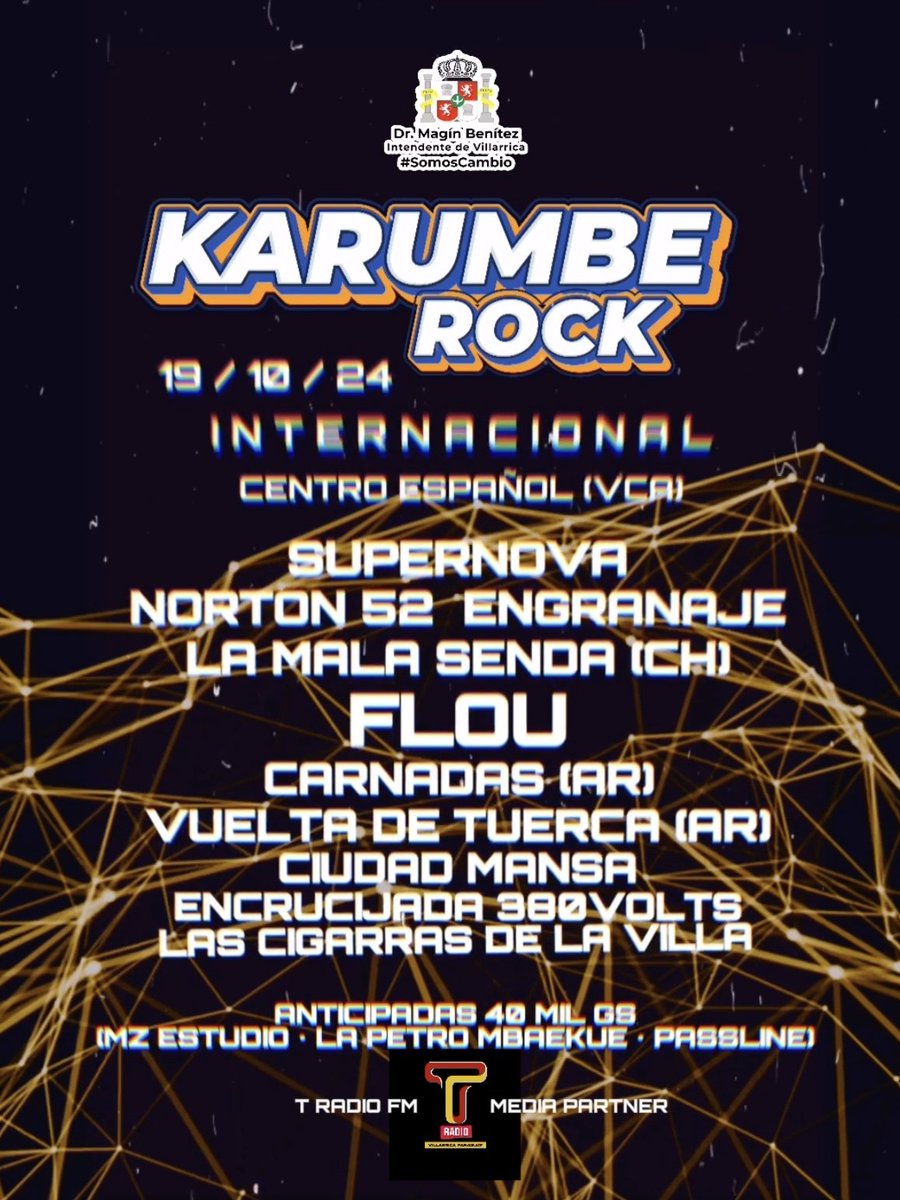 ¡Villarrica! 👋🏻 ¡Mañana les esperamos en el #KarumbeRock! 🎸 ¡Vamos a compartir con grandes amigos de 🇨🇱,🇦🇷 y de nuestra escena! 🤜🏻🤛🏻

Las últimas entradas disponibles las pueden adquirir en <a href="/passlinePY/">Passline Paraguay</a> 🎫

¡Ahí nos vemos! 😎