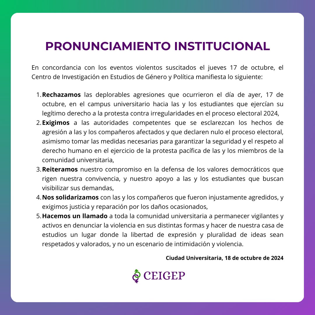 ceigep_unmsm's tweet photo. 📢 #Pronunciamiento 📢| Desde el Centro de Investigación en Estudios de Género y Política (CEIGEP), espacio comprometido con la investigación y la promoción de la igualdad en la Universidad Nacional Mayor de San Marcos nos pronunciamos. https://t.co/uI4sYRtzVm