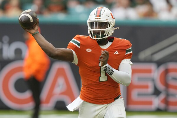 InsideTheLeague's tweet photo. Is @MiamiHurricanes QB @Cameron7Ward a 1st-rounder next spring? #NFL teams are still deciding, so we surveyed 7 #NFLDraft services to see if Ward &amp; others make the cut in today's Wrap. We also catch up w/former #Panthers exec Jeff Morrow. Register here https://t.co/LXUfQsNDsz https://t.co/TN2Xj6j7ht