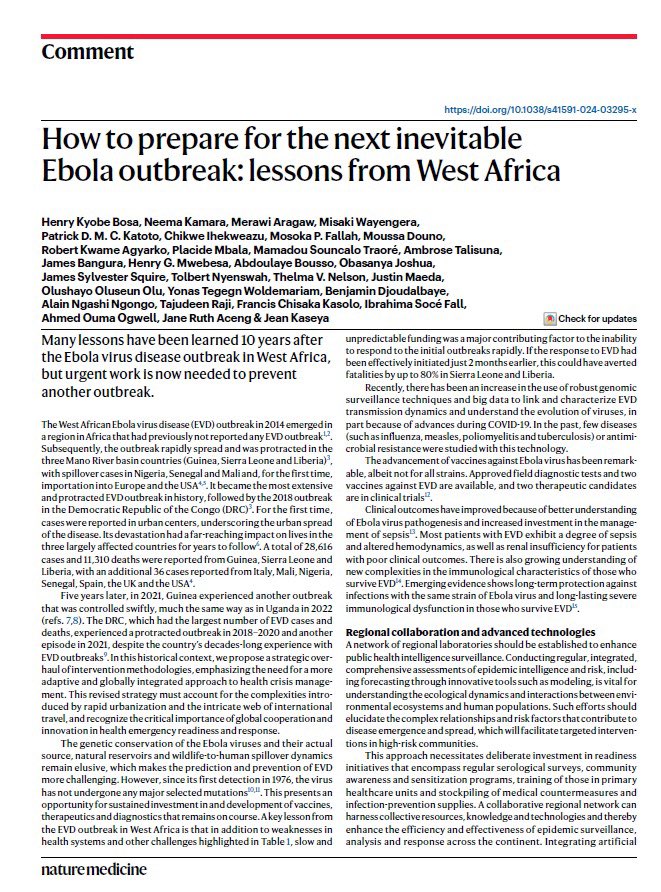 Ten years since the Ebola outbreak in West Africa, we’ve made progress but work is needed to prevent a repeat

Drawing from many of our frontline experiences, my co-authors &amp; I outline strategies to build resilient systems &amp; enhance regional collaboration

go.nature.com/3YcFxLH