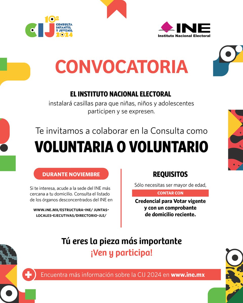 Junta_QR's tweet photo. #INEQRoo instalará casillas para que niñas, niños y adolescentes participen y se expresen durante la Consulta Infantil y Juvenil 2024.
Te invitamos a colaborar en la Consulta como voluntaria o voluntario. https://t.co/EkGfFT3FLo