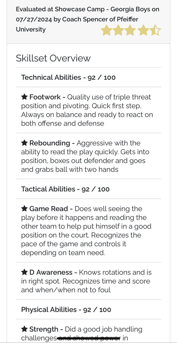 TegaOnosh's tweet photo. Overall Evaluation from 2024 summer camp 92/100. See photos

Footwork ✅
Rebounding ✅
Game reads ✅
D awareness ✅
Strength ✅
Balance ✅
Resistance to stress✅
Coach-ability ✅ 

Thank you to the D3 coach who evaluated me @Donald Spencer of @GoFalconsMBB  #PF2026 #powerforward https://t.co/HQ0QRS7W6c