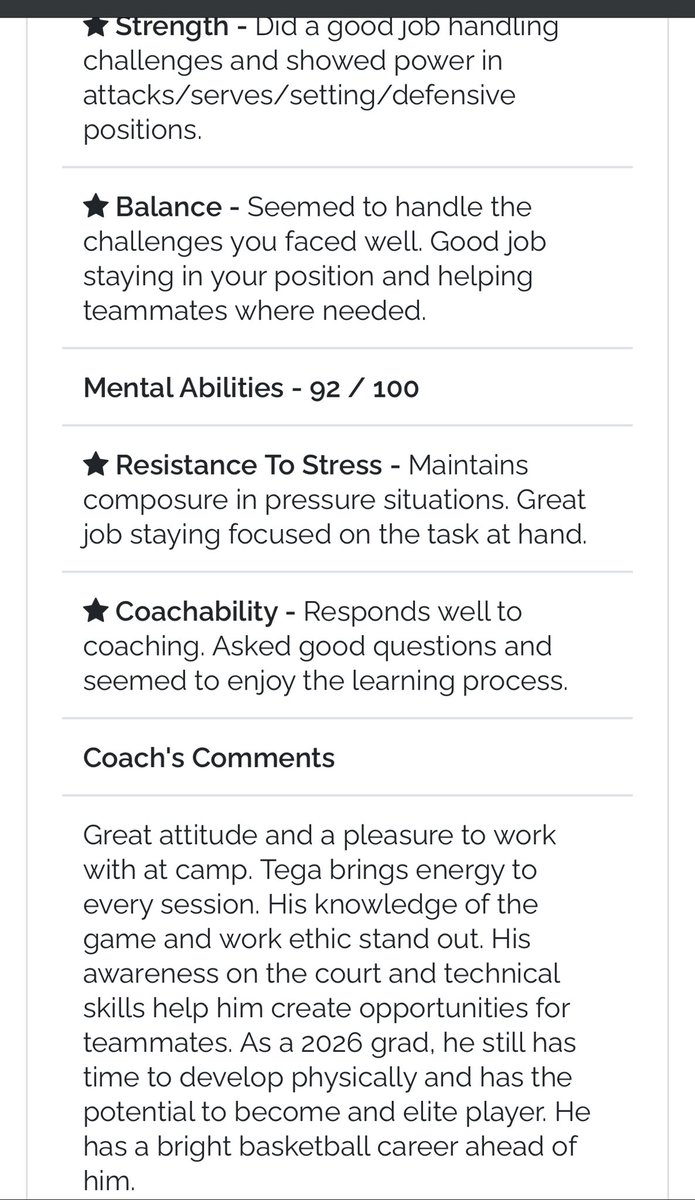 TegaOnosh's tweet photo. Overall Evaluation from 2024 summer camp 92/100. See photos

Footwork ✅
Rebounding ✅
Game reads ✅
D awareness ✅
Strength ✅
Balance ✅
Resistance to stress✅
Coach-ability ✅ 

Thank you to the D3 coach who evaluated me @Donald Spencer of @GoFalconsMBB  #PF2026 #powerforward https://t.co/HQ0QRS7W6c