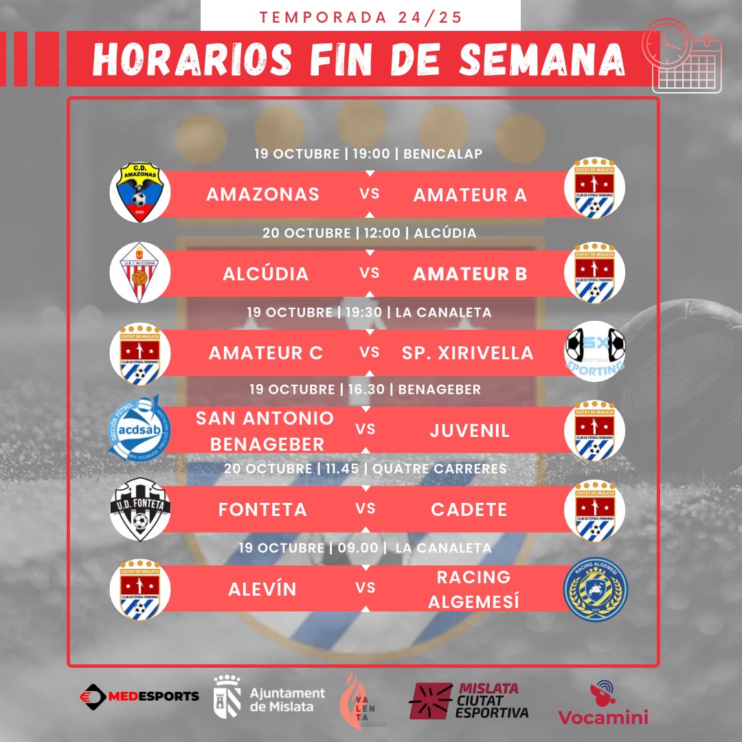 📢𝗛𝗢𝗥𝗔𝗥𝗜𝗢𝗦 𝗙𝗜𝗡 𝗗𝗘 𝗦𝗘𝗠𝗔𝗡𝗔 📢

🙌🏼 ¡Empieza la liga! 🙌🏼

Estos son los horarios de nuestros equipos en sus primeros encuentros de las diferentes ligas. Estamos segur@s de que va a ser un año muy bueno y bonito. 

⚽️ ¡Qué ruede! ⚽️