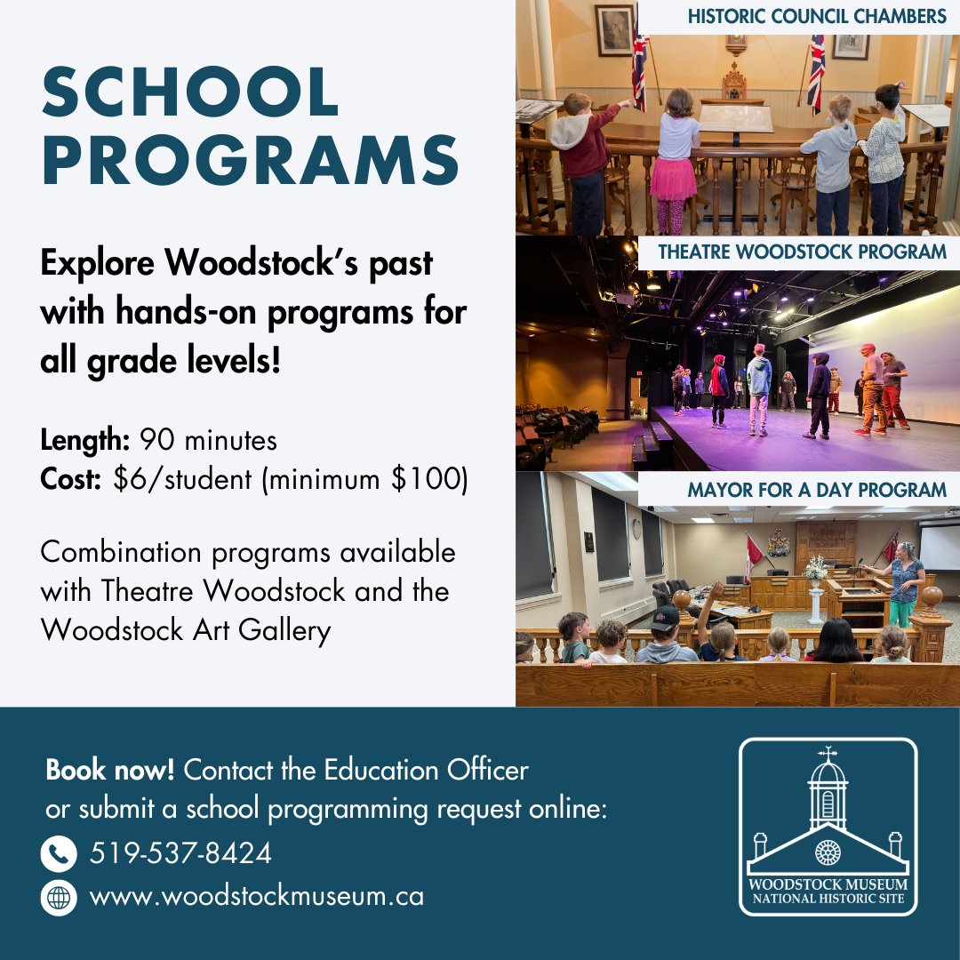 Attention Teachers 📢 Book your 2024–2025 school programs at the Museum!

Explore Woodstock's past with hands-on programs for all grade levels. Combination programs also available with Woodstock Art Gallery or Theatre Woodstock.

Visit bit.ly/4h3WU9U for details!