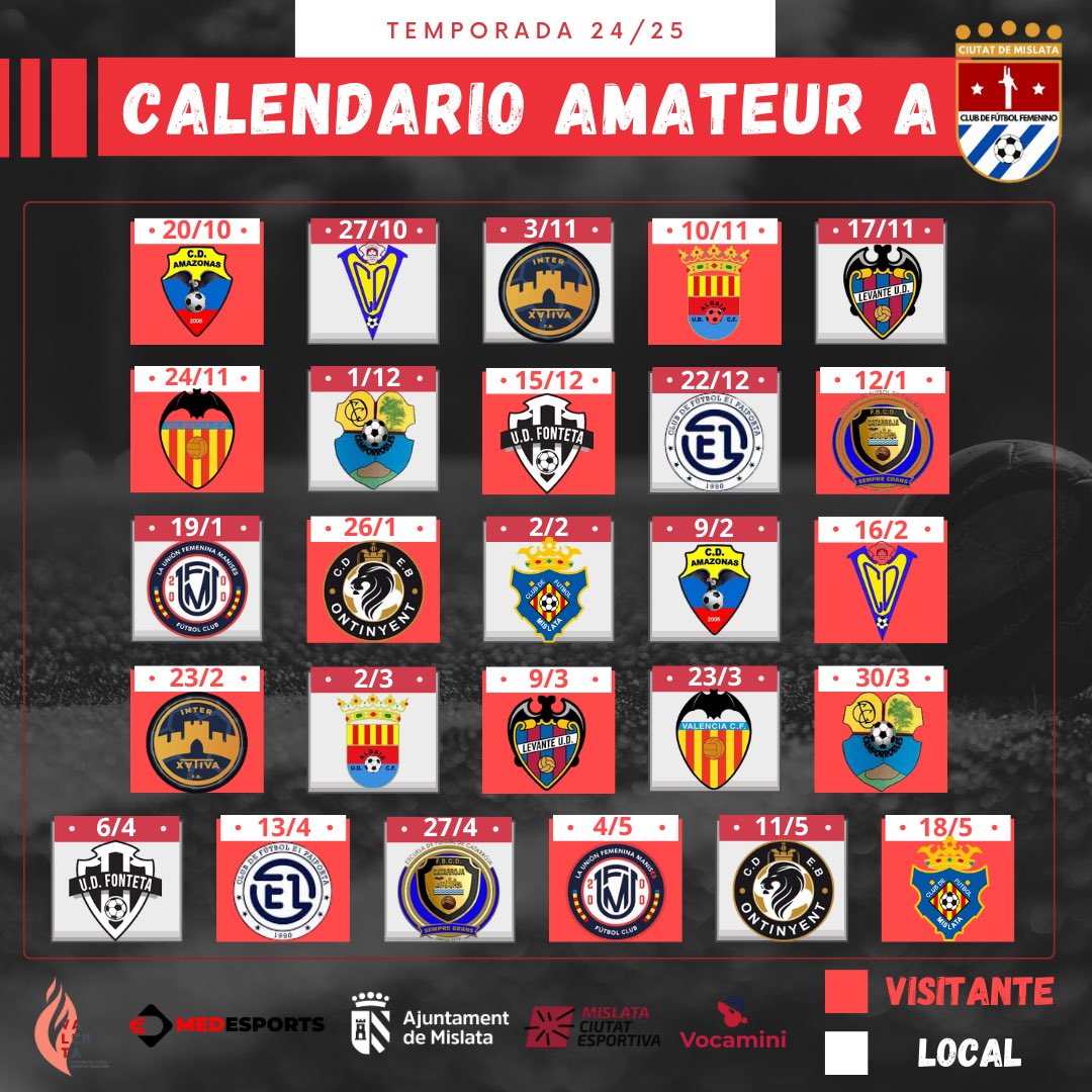 CFFCMislata's tweet photo. 🗓️𝗖𝗔𝗟𝗘𝗡𝗗𝗔𝗥𝗜𝗢𝗦 𝗔𝗠𝗔𝗧𝗘𝗨𝗥𝗦🗓️

➡️ Os dejamos los calendarios de nuestros Amateurs para la temporada 2024/2025.

ℹ️ Os iremos informando semanalmente de los diferentes horarios. 

👀¿Te los vas a perder? https://t.co/Wyjv8utLMJ