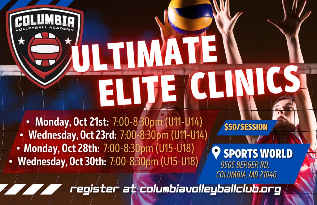 Join us this coming Monday for the first of four Ultimate Elite Clinics  🏐 👏

October 21st &amp; 23rd
🔴 U11 - U14 
⚫ 7:00PM - 8:30PM

October 28th &amp; 30th
🔴 U15 - U18
⚫ 7:00PM - 8:30PM
For more info &amp; registration 👉 columbiavolleyballclub.org