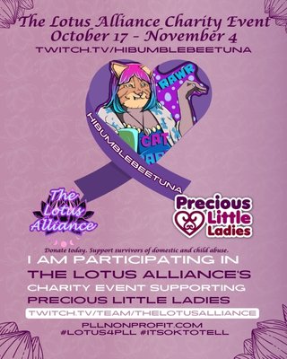 HiBumblebeetuna's tweet photo. Join me at 10pm PST as I stream DBD and other games to support Precious Little Ladies https://t.co/HAbjukXWlk PLL is a Nonprofit whose donations go to funding research and support for survivors of domestic and child abuse. #ItsOkToTell #Lotus4PLL https://t.co/NUIaIFK9Tq