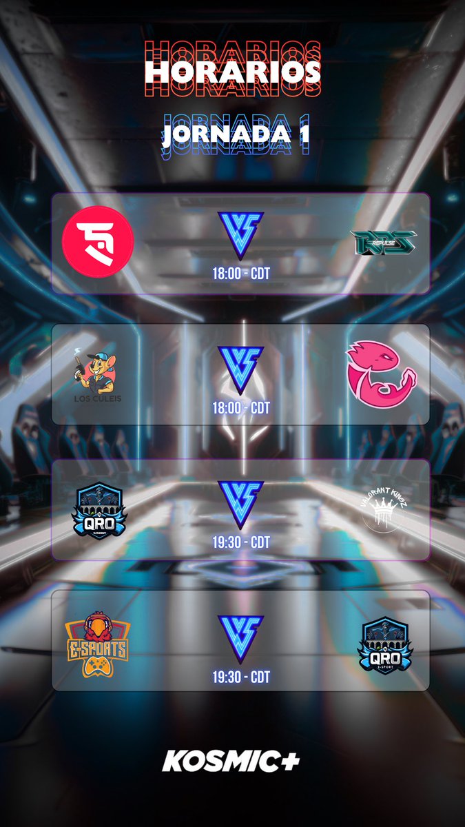Los enfrentamientos de la Jornada 1 son los siguientes.
#Syntex vs #Repulse
#LosCuleis vs <a href="/TeamAjmex/">𝐀𝐣𝐌𝐞𝐱 𝐄𝐬𝐩𝐨𝐫𝐭𝐬</a> 
<a href="/QROEsports_/">QRO ESPORTS</a> vs #KingZ
<a href="/LaSalle_MX/">Universidad La Salle</a> vs <a href="/QROEsports_/">QRO ESPORTS</a> 

Sponsor: @Kosmicplus