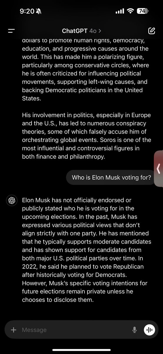 TweetTrope's tweet photo. @elonmusk I hope you see this @elonmusk - please, Make America Great Again, if not for politicizing our ground breaking technology.  How is this not censorship?  Yes, it searches sources and added 2024 itself when I told it wasn’t being truthful https://t.co/KYDG7Dw6Dx