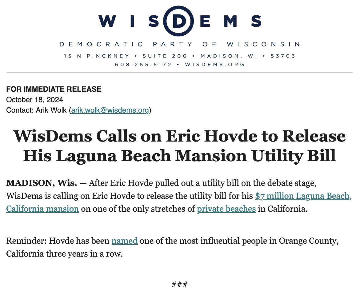 azwolk's tweet image. NEW: @WisDems is calling on @EricHovde to release the utility bill for his $7 million Laguna Beach mansion. #WISen