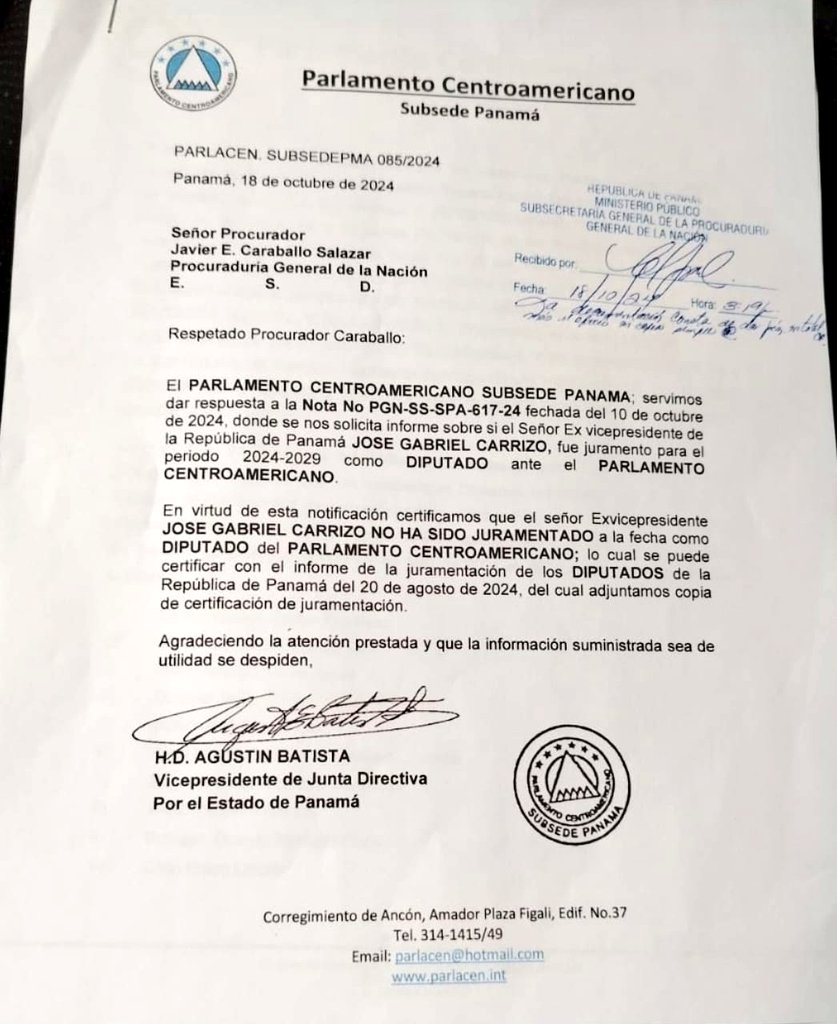 El exvicepresidente de Panamá, José Gabriel Carrizo, solicitó a la Junta Directiva del Parlamento Centroamericano (Parlacen) ser juramentado en la próxima sesión plenaria, que confirmó a las autoridades panameñas que aún no ha sido juramentado como diputado del organismo.