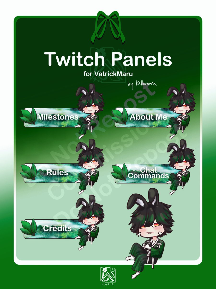 [work / #katha_illust]  

vtuber twitch panel showcase! 🌿🐇 

I was chosen to draw and design @/VatrickM's twitch panels and chibi illustration!

#VTuber #VTuberAssets #Commission
