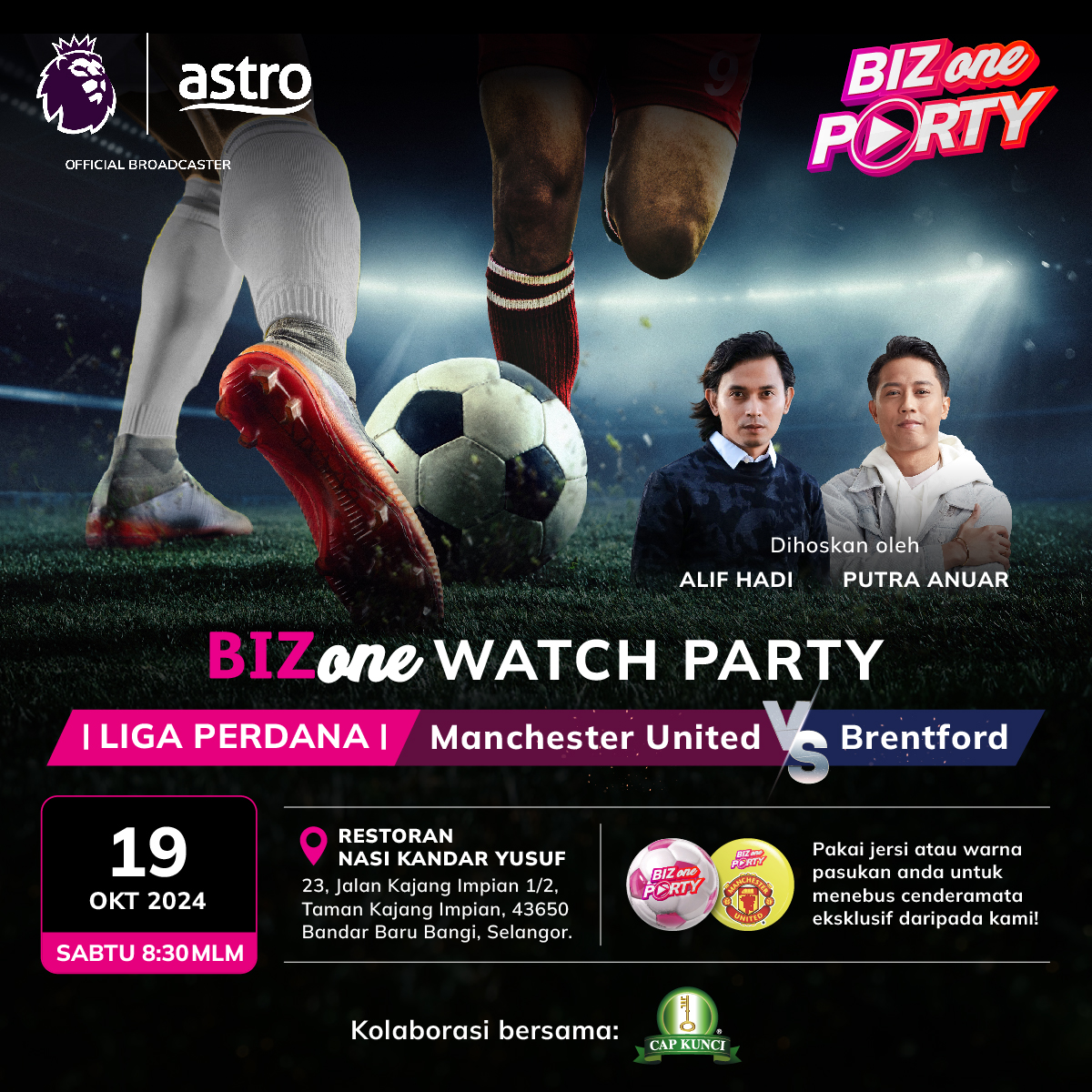 astroonline's tweet photo. ⚽ HARI INI!! #BizOne #WatchParty skrin besar kembali dengan: Manchester United lwn Brentford, 830mlm di Restoran Nasi Kandar Yusuf, Bangi.🎉 🎉 Dihoskan oleh pelakon-pengacara TV terhebat @alifhadi dan penyampai radio popular @putraanuar__! https://t.co/QFR9eTvsPg