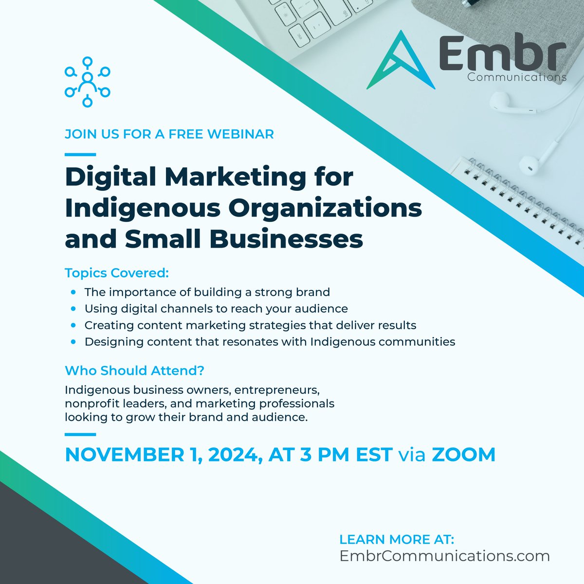 EmbrComm's tweet image. Join us on Nov 1 at 3 PM EST for a free Zoom webinar by Embr Communications! 🌟 Designed for Indigenous orgs &amp;amp; businesses, learn to build a brand, use digital platforms, create impactful content, and design visually appealing materials. Register now: forms.gle/UAQDrduo7NvshP… 💪
