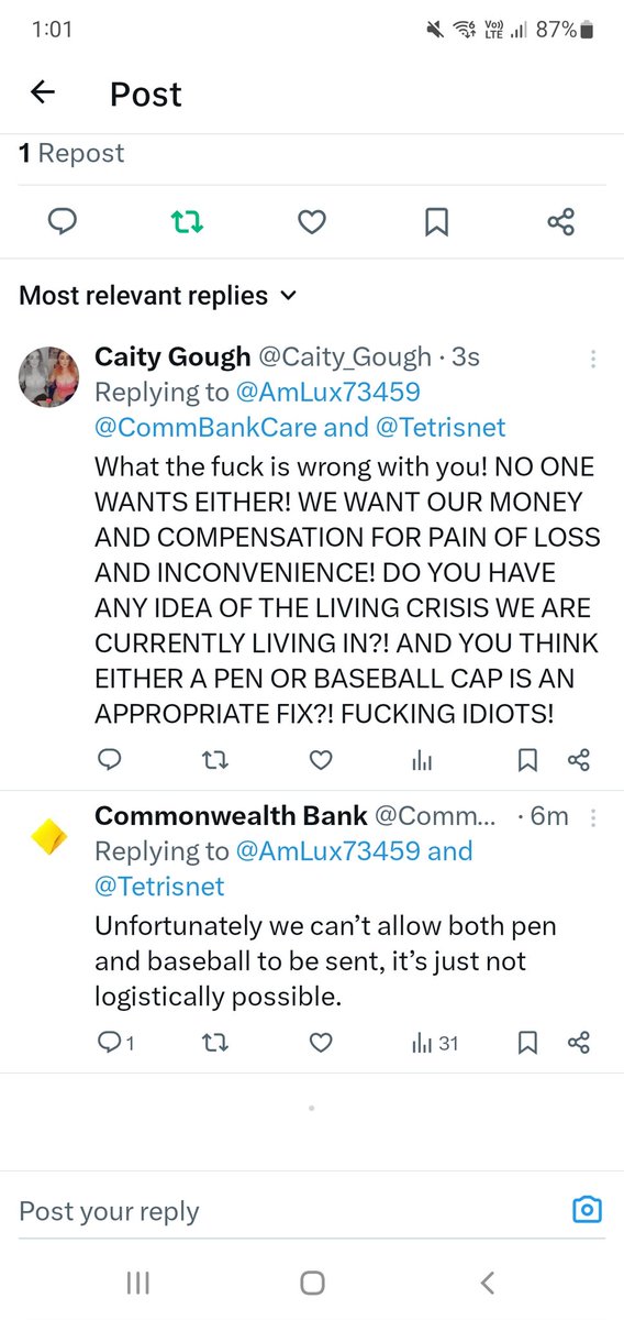 Caity_Gough's tweet image. PEN OR BASEBALL CAP IS THEIR IDEA OF COMPENSATION?!  BUNCH OF FUCKING MORONS! #commbank