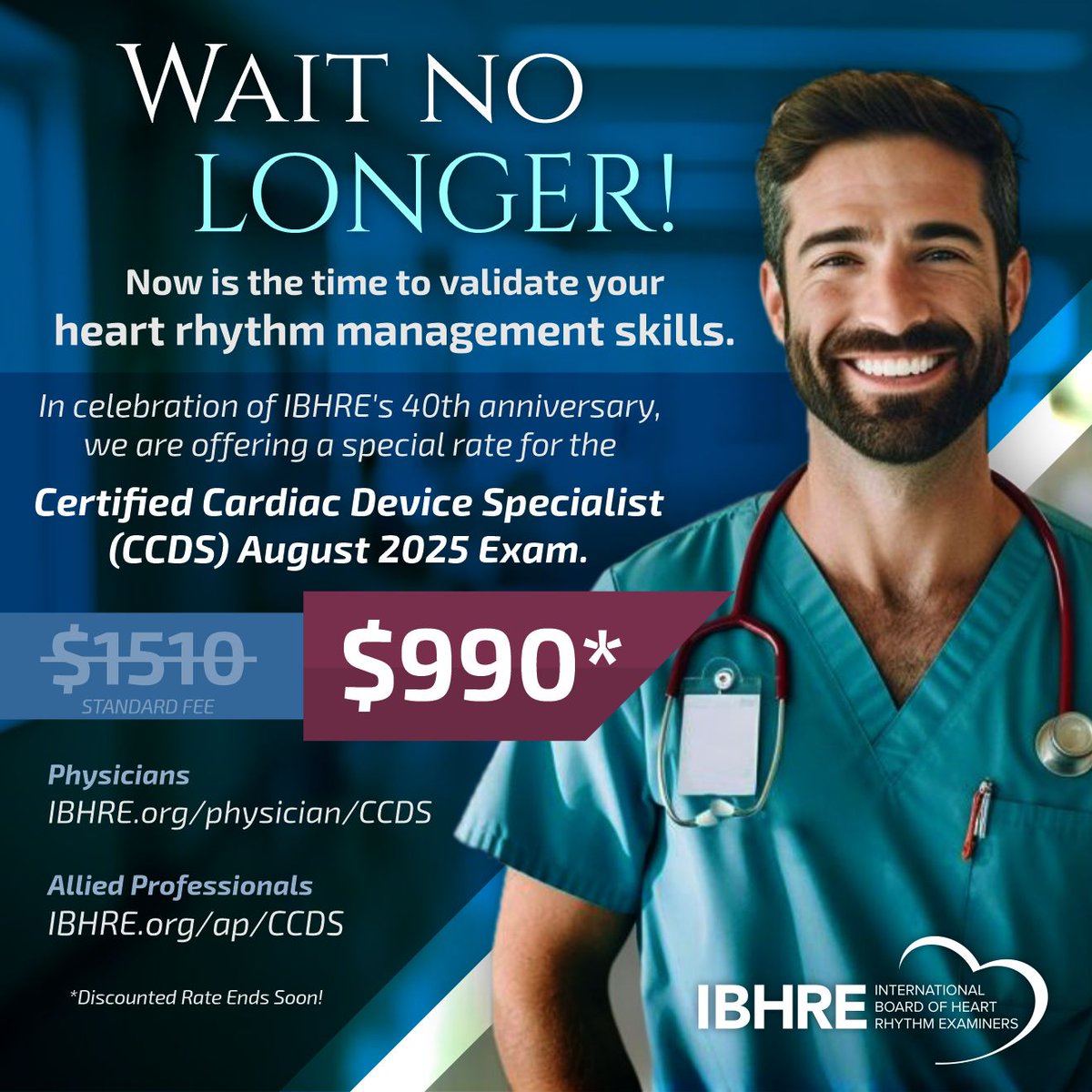 IBHRE is offering a discounted registration rate for the Certified Cardiac Device Specialist (CCDS) August 2025 exam.   Registration opens Oct. 17th.   #electrophysiology #Nursing #cardiaccare #nurses #cardiacnurse
<a href="/HRSonline/">Heart Rhythm Society</a>
<a href="/escardio/">European Society of Cardiology</a>
<a href="/ACCinTouch/">American College of Cardiology</a>