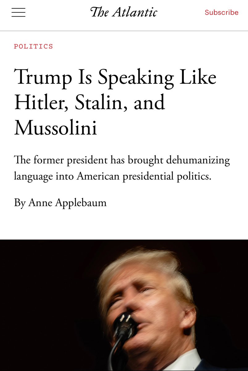 ianmiles's tweet photo. Trump is now literally worse than Hitler, Stalin and Mussolini combined according to The Atlantic’s Anne Applebaum, who also wants to assassinate Putin and drop nukes on Russia because she is insane. https://t.co/nZgtK7ZuCG