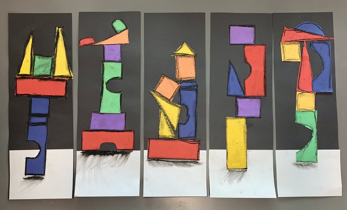 What better way to learn about still life… than to play and arrange with your blocks first?! These 1st grade cubs composed their blocks then used paper and oil pastel to create a still life collage. They reviewed color and shape as well in this lesson. #artmatters <a href="/HaysFineArts/">Hays CISD Fine Arts</a>