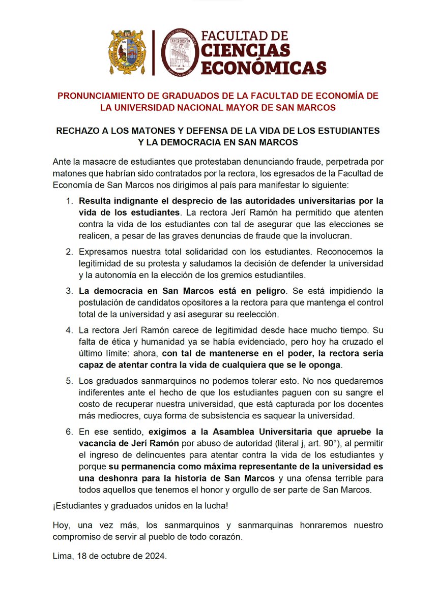 GraduadosEconSM's tweet photo. Pronunciamiento

RECHAZO A LOS MATONES Y DEFENSA DE LA VIDA DE LOS ESTUDIANTES Y LA DEMOCRACIA EN SAN MARCOS

Ante la masacre de estudiantes que protestaban denunciando fraude, perpetrada por matones que habrían sido contratados por la rectora. https://t.co/0IdlNi3SUC
