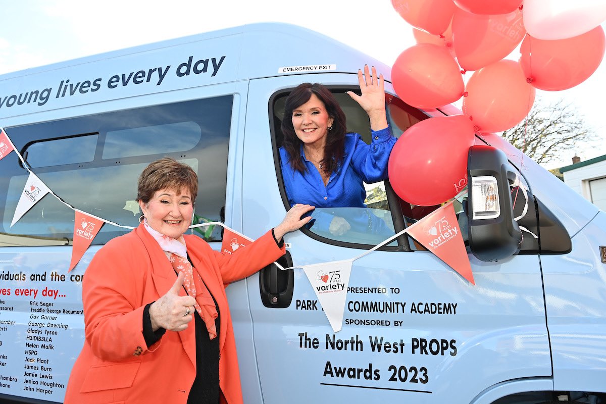 The_Nolans's tweet photo. Yesterday, Maureen and Denise visited @PCABlackpool and had the pleasure of unveiling a brand new Sunshine Coach from @VarietyGB! 🚍 

They were treated to a wonderful performance from the school’s Band, Choir and Dancers 🥁🎶💃 https://t.co/MkPj76iMOv