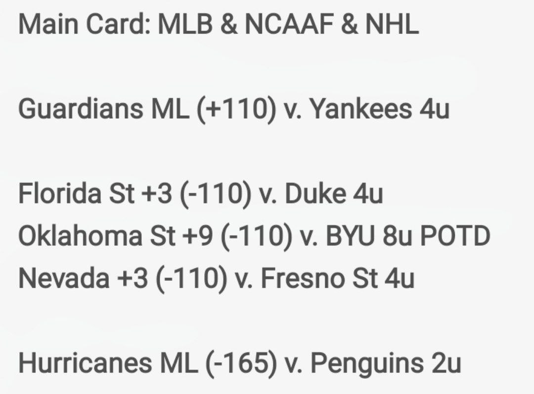 ItsCappersPicks's tweet image. #AnalyticsCapper 

Main Card: MLB &amp;amp; NCAAF &amp;amp; NHL

Guardians ML (+110) v. Yankees 4u

Florida St +3 (-110) v. Duke 4u
Oklahoma St +9 (-110) v. BYU 8u POTD
Nevada +3 (-110) v. Fresno St 4u

Hurricanes ML (-165) v. Penguins 2u
