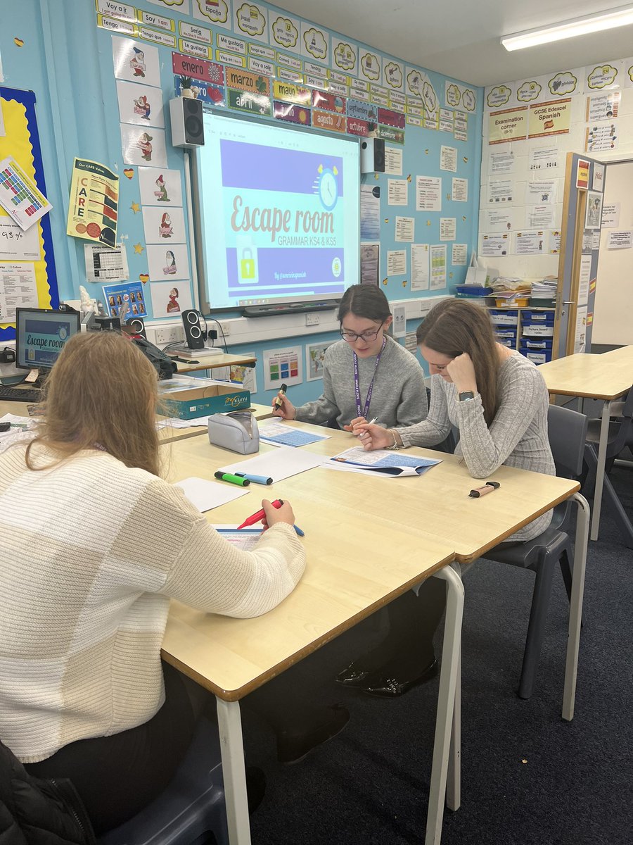 MFLNBHS1's tweet photo. Year 12 Spanish students trying to complete an escape room session on grammar. They were successful! 🎉 https://t.co/L4TIHVZRM9
