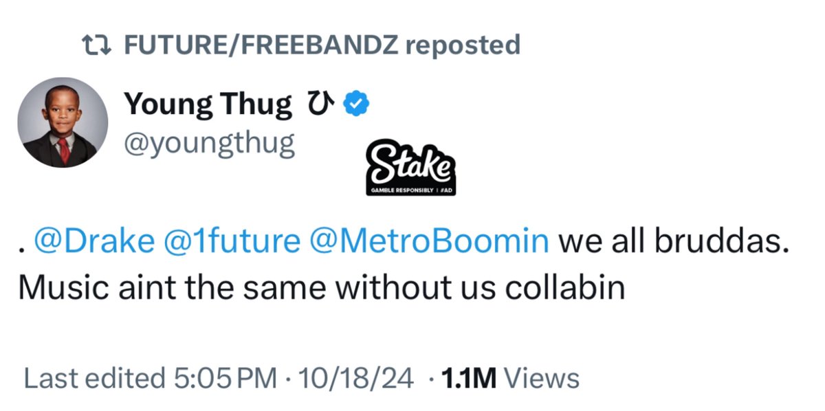 AkademiksTV's tweet photo. Future reposted Young Thug’s tweet 👀 https://t.co/PKpwC5nlwl