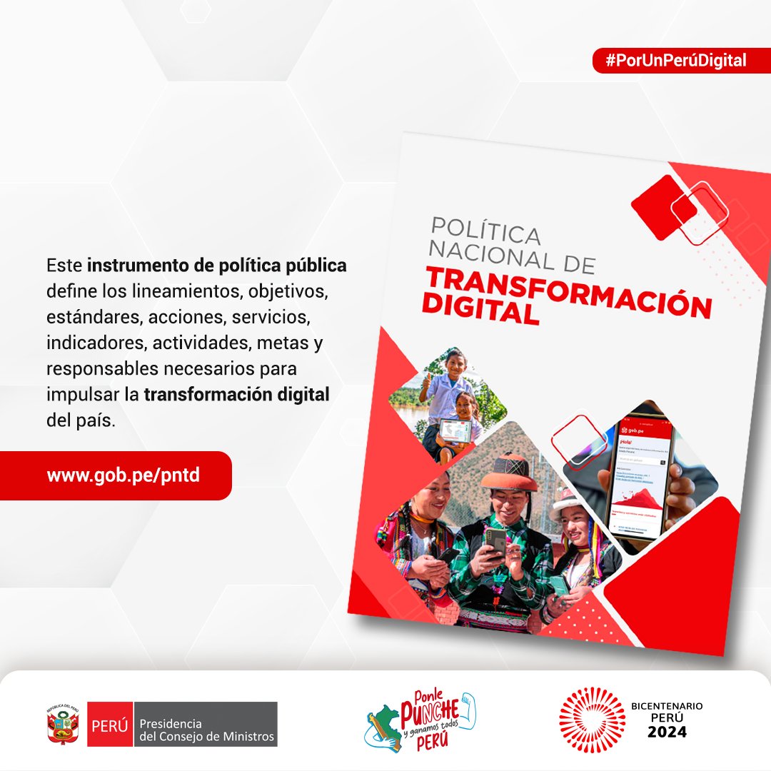 PeruPaisDigital's tweet photo. #PorUnPerúDigital 🇵🇪 | La Política Nacional de Transformación Digital establece los objetivos, lineamientos, acciones, servicios, indicadores, actividades, metas y responsables para alcanzar la transformación digital del país.
🔎Conócela en https://t.co/ohCdt1SouD

#PNTD #GobiernoDigital