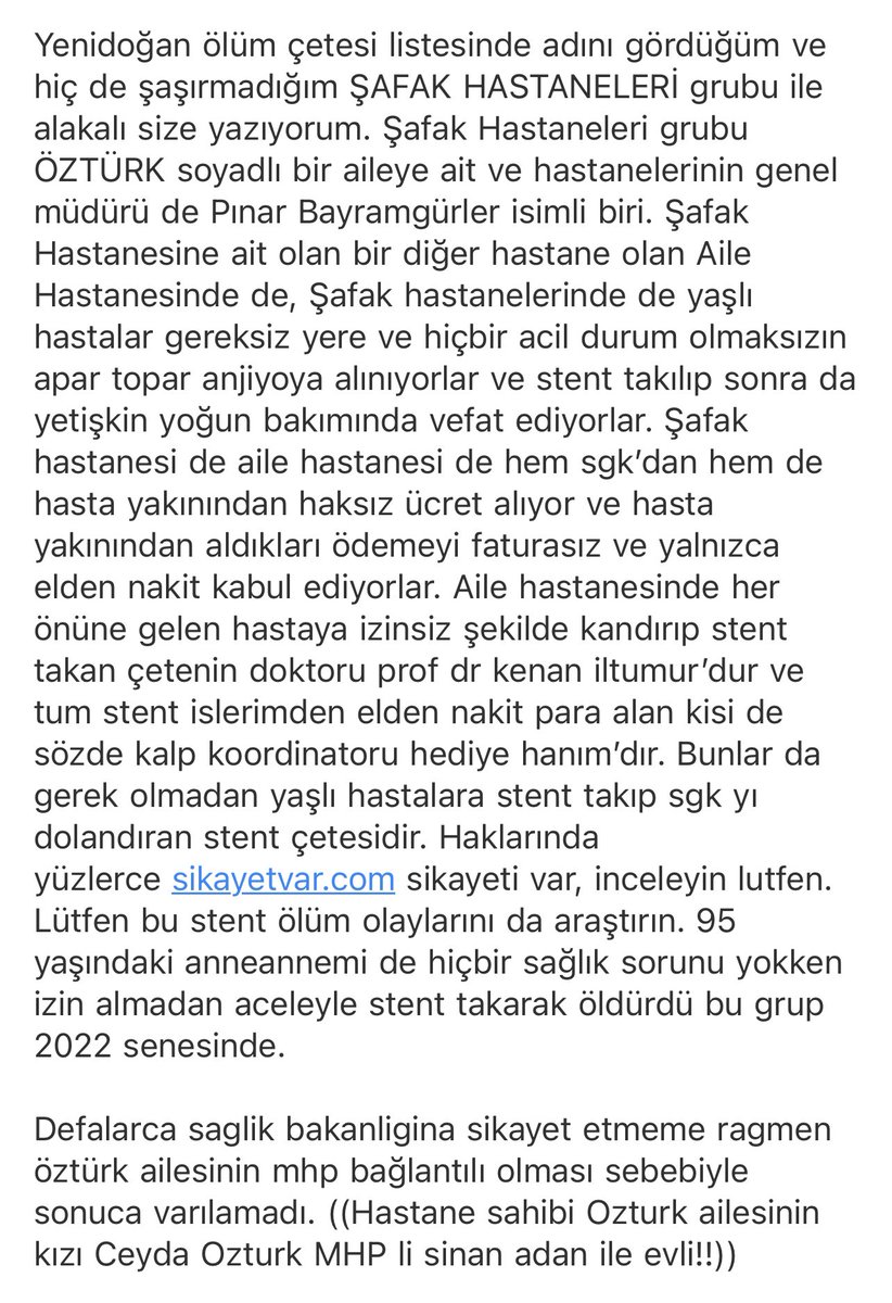 eacarerX's tweet photo. Tabelasını değiştiren Şafak Hastanesi’ne ilişkin iddialar… Bağlantılar! Stent çetesi yakıştırmaları! https://t.co/94jnqmEUf2