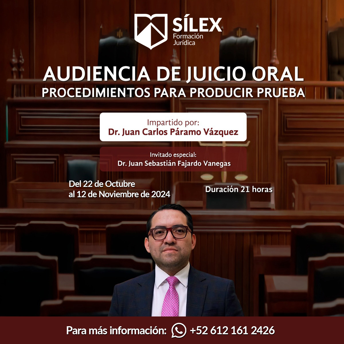 Si no pudo acompañarnos en la transmisión en vivo del Seminario web gratuito realizado el 18 de octubre de 2024, organizado por Sílex Formación Jurídica y dirigido por Dr. Juan Carlos Páramo , profesor del curso: “AUDIENCIA DE JUICIO ORAL, PROCEDIMIENTOS PARA PRODUCIR PRUEBA” ,