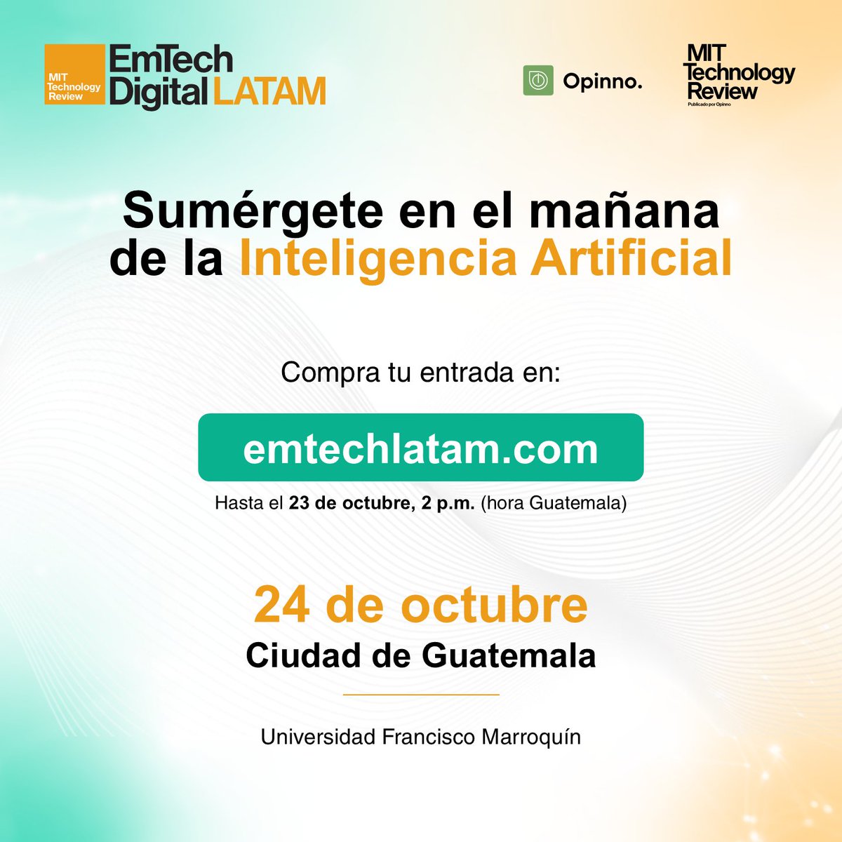 EmTechLATAM's tweet image. ¡Quedan 6 días para el #EmTechDigitalLATAM2024!⏲
¡Últimos días para asegurar tu lugar en el evento que marcará el futuro de la IA en LATAM! La venta de entradas estará hasta el 23 de octubre, 2 p.m. (hora Guate) o hasta agotar existencia. 

Compra en: emtechlatam.com