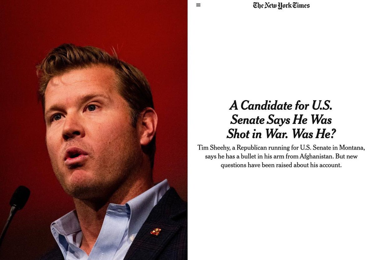 MTDems's tweet photo. First, @washingtonpost published a ranger’s firsthand account of the day records show @SheehyforMT shot himself in Glacier Park. Hours later, @NYT dropped a bombshell report that raises even more questions about Sheehy’s military lies.  

When do Montanans get the truth, Tim? https://t.co/GUTR1iOqUp