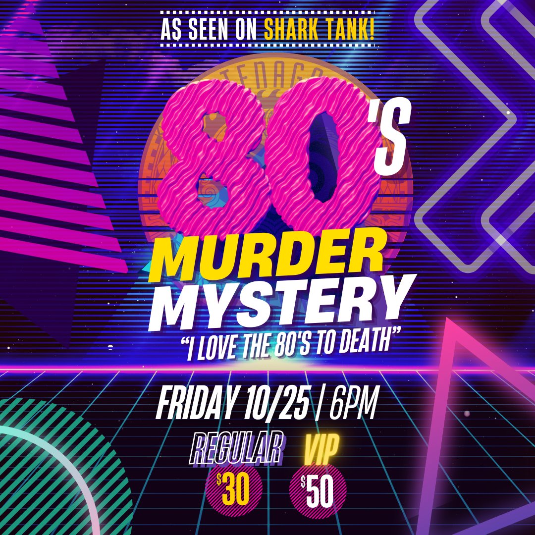 tenagakava's tweet photo. 🕵️‍♀️ Ready for a night of mystery and mayhem? Join us on 10/25 for an 80s-themed 𝐌𝐮𝐫𝐝𝐞𝐫 𝐌𝐲𝐬𝐭𝐞𝐫𝐲 night!
👩‍🎤 Dress the part, it’s going to be a totally tubular night of fun, mystery, and VIP perks!
🎟️ Only 30 tickets available—secure yours now, call Erica at 5614209442. https://t.co/T9SEwfhzc0