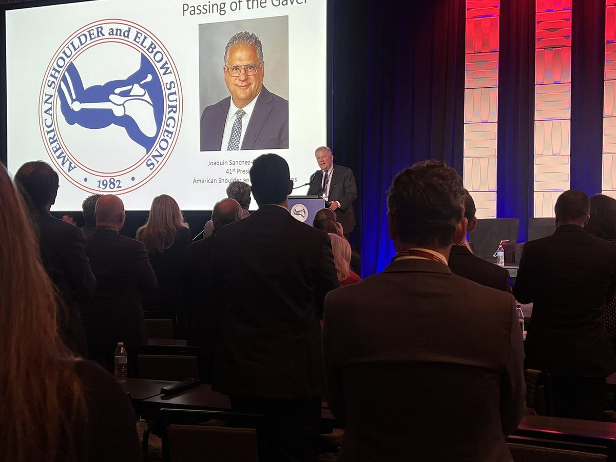 This afternoon, American Shoulder and Elbow Surgeons 2023-2024 President Dr. John E (Jed) Kuhn addressed the #ASES2024AnnualMeeting attendees and passed the gavel to our incoming president, Dr. Joaquin Sanchez-Sotelo.