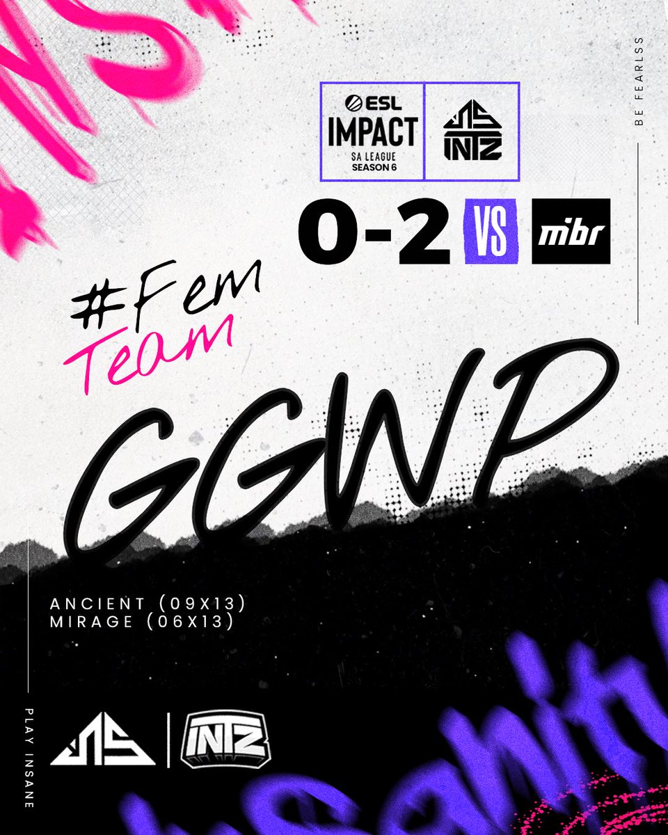 insanitybrgg's tweet photo. Encerramos nossa participação na @ESLImpact.

GGWP 0-2 🆚 @MIBR FE. 

Agora é continuar trabalhando forte para os próximos jogos e campeonatos.

Ainda vamos buscar essa vaga! 💜

#goINS #goINTZ https://t.co/lyCZFBpUP8