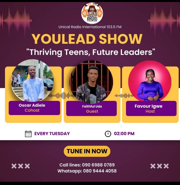 UdoFaithful's tweet photo. Last Tuesday, I had the privilege of joining the YouLead Show on UNICAL International Radio 103.5 FM as a guest, where we discussed the theme "Thriving Teens, Future Leaders." This was in line with the celebration of International Adolescents Health Week. https://t.co/geExSPJxpn