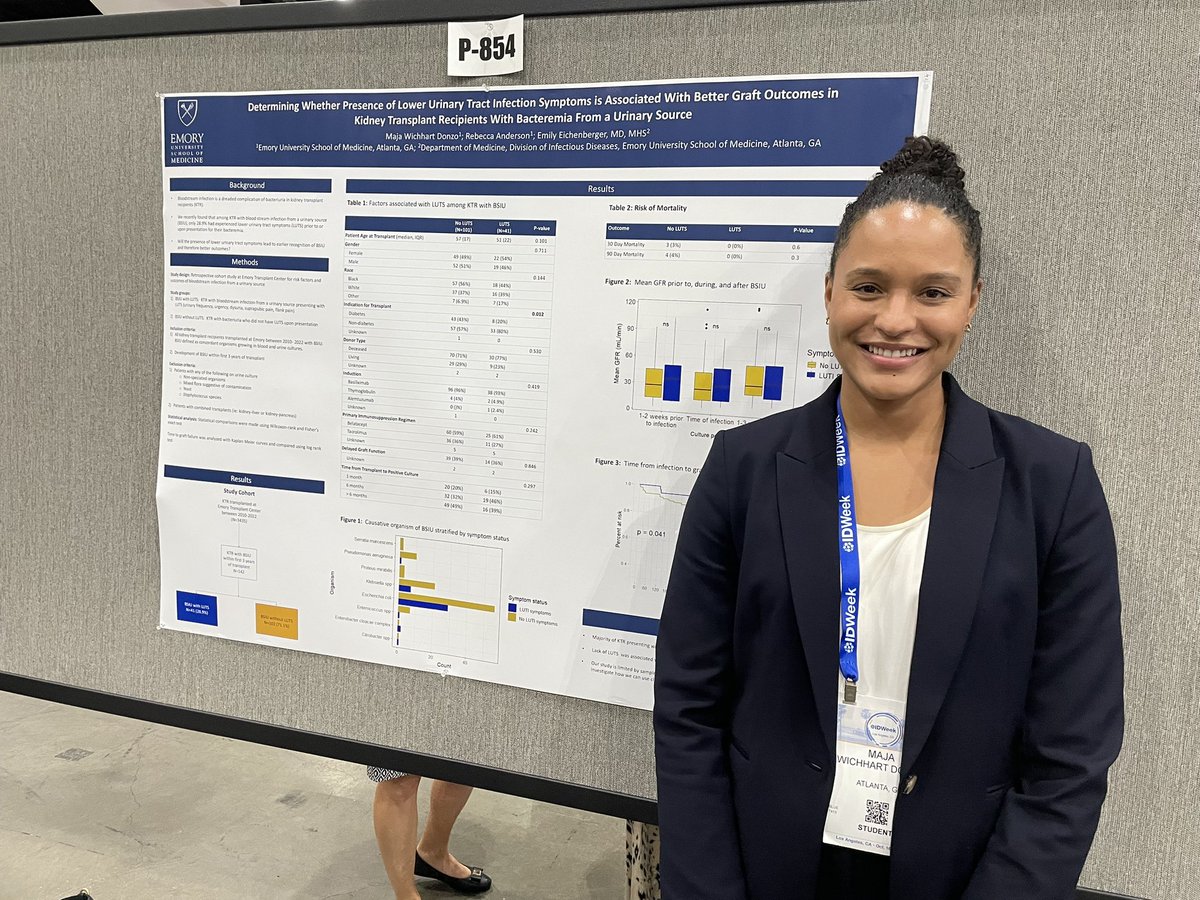 📣📣 Trainee Poster! Maja Wichhart Donzo of <a href="/EmoryMedicine/">Emory School of Medicine</a> presenting on Determining Whether Presence of Lower Urinary Tract Infection Symptoms is Associated With Better Graft Outcomes in Kidney Transplant Recipients With Bacteremia From a Urinary Source at #IDWeek2024 <a href="/IDWeekmtg/">IDWeek</a>