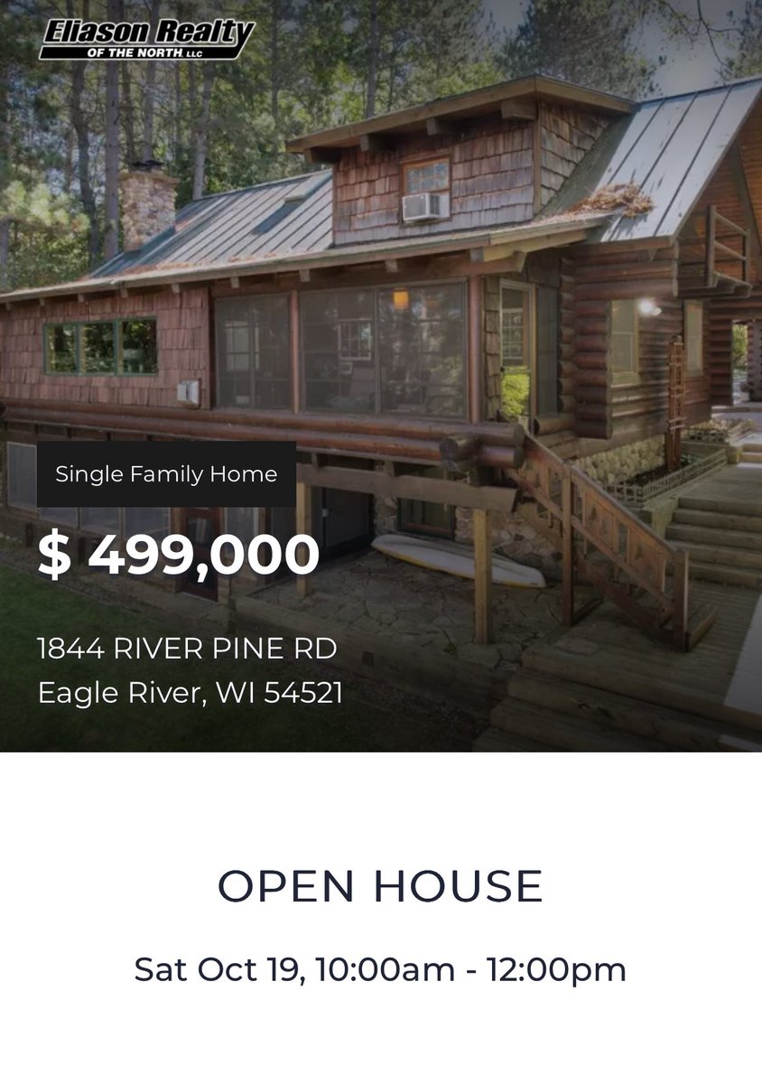 ‼️OPEN HOUSE‼️
Sat Oct 19, 10:00am - 12:00pm
1844 RIVER PINE RD Eagle River, WI 54521
💰499,000
📌eliasonrealty.com/riverpine
✨Discover the perfect retreat in this stunning WI River Rocky Mountain Log Home, featuring 3BD/2BA plus an open loft.