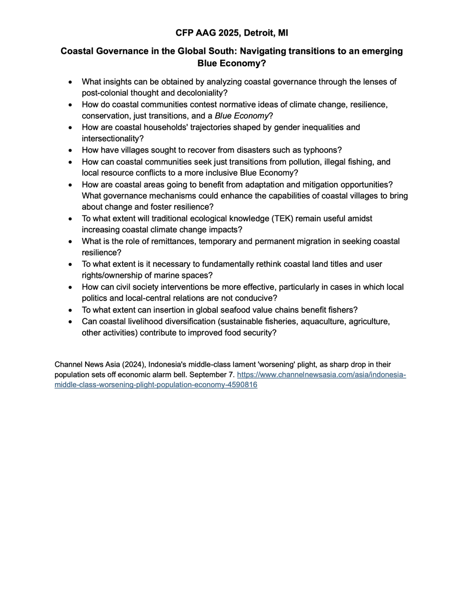 dhruv (@dhruv_kjanaki) on Twitter photo and --
'coastal governance in the global south: navigating transitions to an emerging blue economy?'. inviting submissions from scholars *working on & based in* the global south. co-organizing with <a href="/PatrickHeidkamp/">PatricksPoint π΄ββ οΈπββοΈπ΅ββοΈπ§ββοΈ</a> & Edo Andriesse. sponsored by <a href="/AagComa/">AAG COMA</a>. deadline oct 31. #AAG2025 and --
'coastal governance in the global south: navigating transitions to an emerging blue economy?'. inviting submissions from scholars *working on & based in* the global south. co-organizing with <a href="/PatrickHeidkamp/">PatricksPoint π΄ββ οΈπββοΈπ΅ββοΈπ§ββοΈ</a> & Edo Andriesse. sponsored by <a href="/AagComa/">AAG COMA</a>. deadline oct 31. #AAG2025