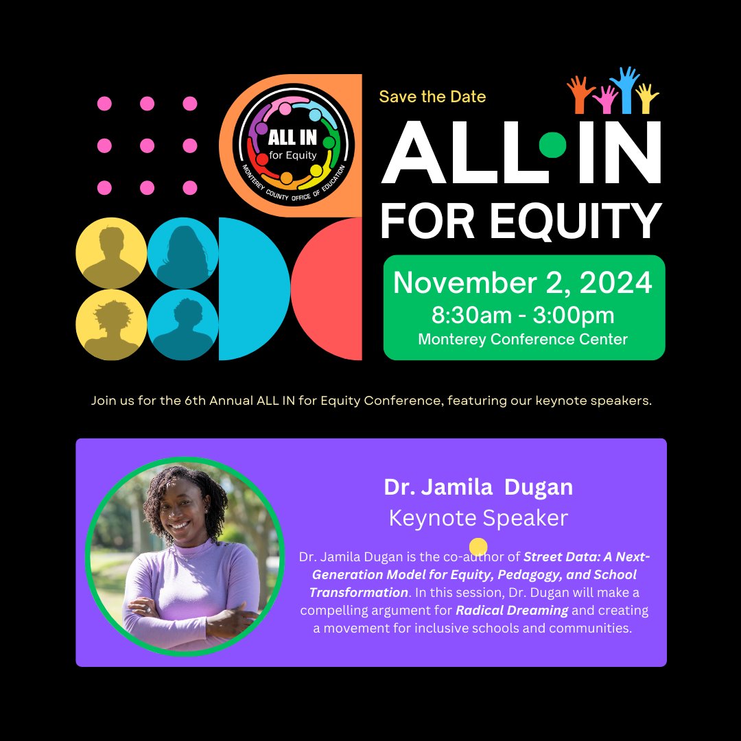 🌟 Excited for the 6th Annual ALL IN for Equity Conference on Nov 2, 2024!

Join us for an inspiring day with keynote speakers:

🔹 Dr. Gholdy Muhammad - Author of Cultivating Genius and Unearthing Joy. Discover how to create culturally responsive teaching environments that