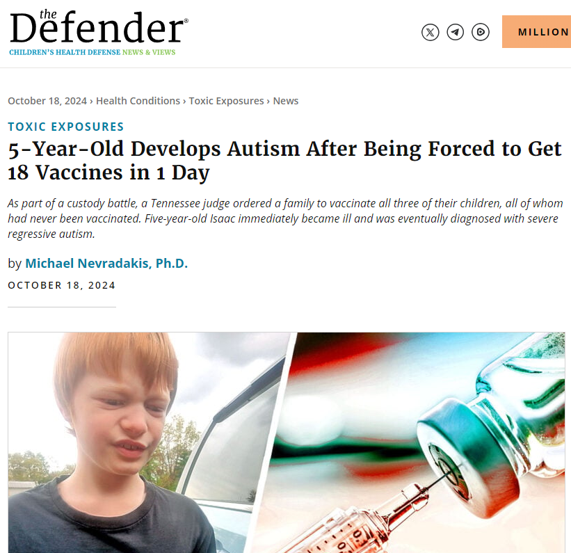 VX CAUSE AUTISM PROVED IN A SINGLE DAY:   

UTTERLY disgusting Judge Burnett "not vax'ing is child abuse" and corrupt famliy courts + attorney used vx "to drive a wedge between the parents"  (for money)

It's all corruption, profiteering, anti-science and anti-human.