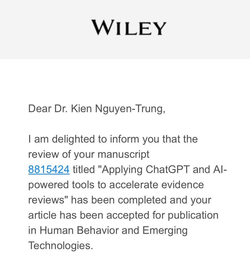 kngtrung's tweet photo. Pleased to share that our paper on using AI tools in the process of evidence review has been accepted for publication

#chatgpt #gptforsheets #chatpdf #casperai #evidencereview https://t.co/NsBWvI5dvK